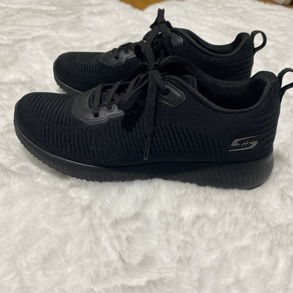 Skechers Womens Bobs Sport Squad Tough Talk Memory Foam Black Sneakers 32504 6.5